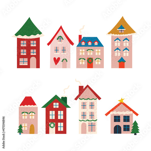 Set of winter cozy buildings on isolated background. Vector textured illustration