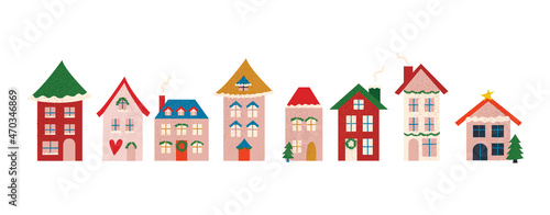 Set of winter cozy buildings. Hand drawn textured vector illustration.