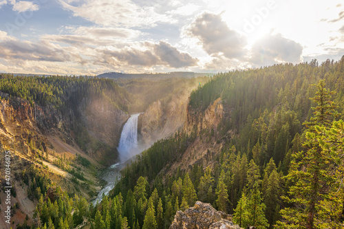 Iconic summer view of the Lower Falls of the Yellowstone River in Wyoming