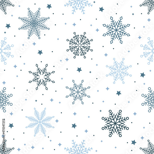 Simple Christmas seamless pattern. Snowflakes with different ornaments. On white background