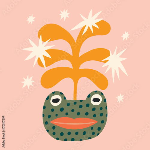 Cute funny frog face childish cartoon boho naive funky handdrawn style art 