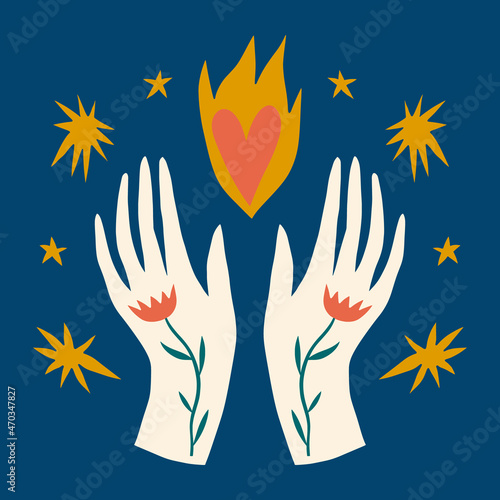 Hands holding burning Sacred Heart childish cartoon boho naive funky handdrawn style art 