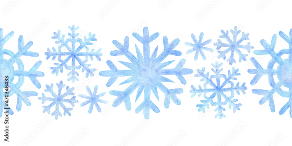 Seamless border of snowflakes. Winter snow ornament with blue watercolor drawings. Decorative template on a white background. Cute ice pattern ornament for Christmas design, ribbon, duct tape Seamless border of snowflakes. Winter snow ornament with blue watercolor drawings. Decorative template on a white background. Cute ice pattern ornament for Christmas design, ribbon, duct tape
