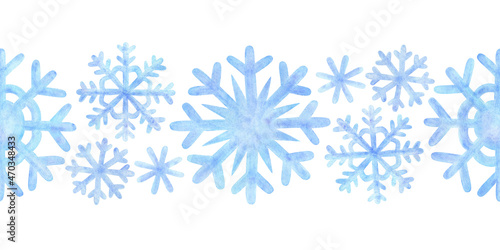 Seamless border of snowflakes. Winter snow ornament with blue watercolor drawings. Decorative template on a white background. Cute ice pattern ornament for Christmas design, ribbon, duct tape
