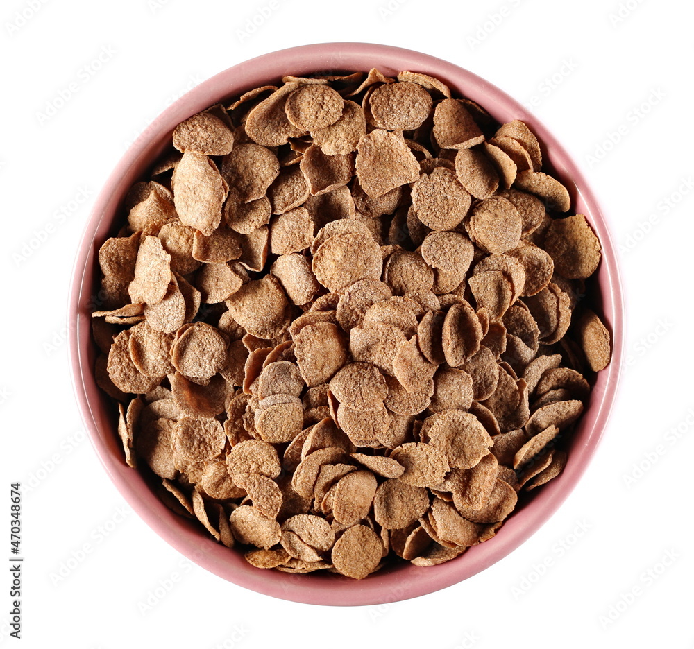 Crunchy corn flakes cocoa, cereal, muesli pile in bowl isolated on white background, top view Crunchy corn flakes cocoa, cereal, muesli pile in bowl isolated on white background, top view