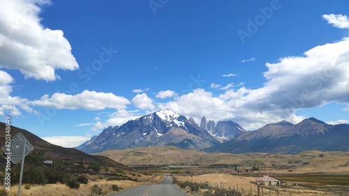 Sceninc view of a road to Torres del Paine National Park, Patagonia,  Chile photo
