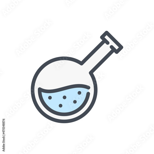 Round bottom flask with liquid color line icon. Laboratory glassware equipment vector outline colorful sign.