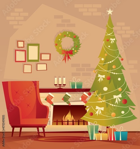 Living room decorated for Christmas and New Year. An empty armchair near a Christmas tree with gifts and a fireplace. Vector flat illustration.