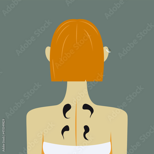 Vector graphics - the back of the blonde head of a young woman with a hairstyle from the back with bare shoulders and four black leeches on the skin. Concept - hirudotherapy - alternative medicine