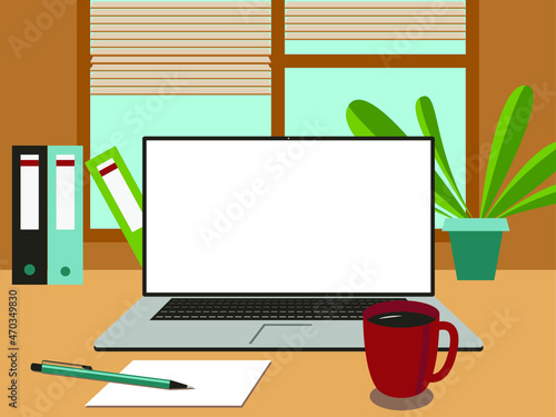 Vector graphics - a workplace with a laptop, a room plant and folders on the table against the background of a wall and a window with blinds. A monitor with space for text. Concept - home office.