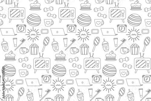 Seamless repeating pattern with cozy household items. Morning and evening routine. Vector illustration.