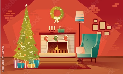 Fototapeta Naklejka Na Ścianę i Meble -  Living room decorated for Christmas and New Year. An empty armchair near a Christmas tree with gifts and a fireplace. Vector flat illustration.