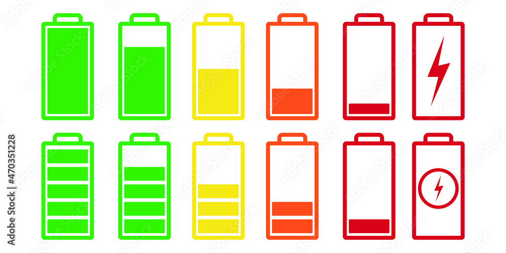 Set of capacity battery icons. Mobile phone charge level illustration sign collection in flat style. Battery icon set. Battery charge charging indicator icons. Battery energy level symbols. Flat style Set of capacity battery icons. Mobile phone charge level illustration sign collection in flat style. Battery icon set. Battery charge charging indicator icons. Battery energy level symbols. Flat style