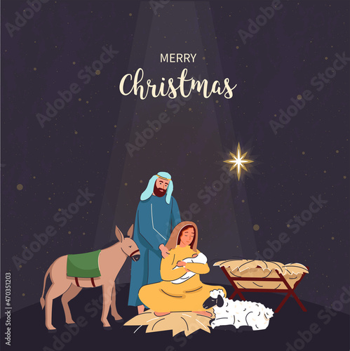 PrintBethlehem Star minimalistic vector background. Christmas scene with Mary Joseph and baby Jesus in a manger. Christian Nativity with text Merry Christmas, vector banner. The birth of Jesus in Beth photo