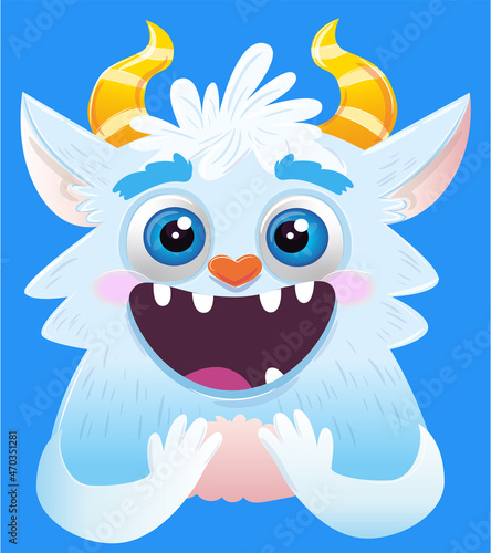 Cute smiling snow monster, yetty in cartoon style photo