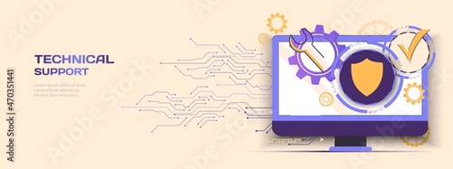 Technical support system. Software development landing page. Remote access or control of desktop computer, laptop via Internet connection vector illustration. Service tool and online remote support.

