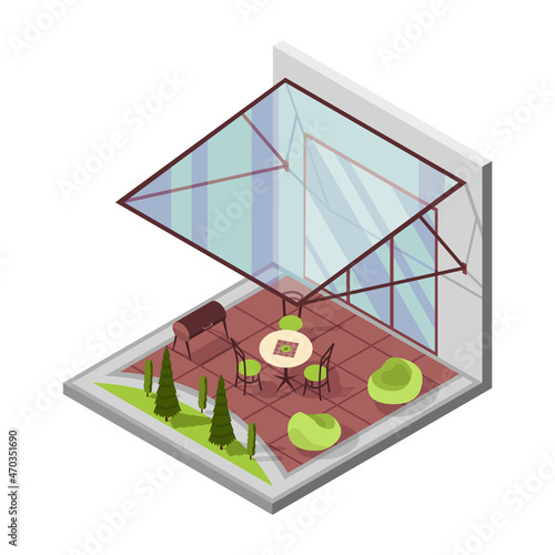 Inner courtyard isometric composition with patio. House with a private terrace and transparent glass cover. Covered veranda for table place. Modern architecture
