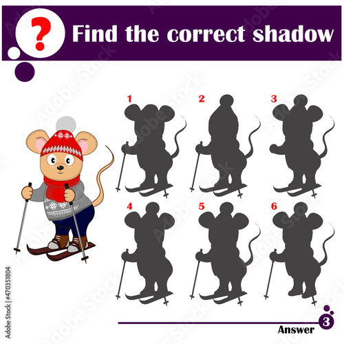 Educational game for preschool children. Find a suitable shadow. Cute mouse on skis