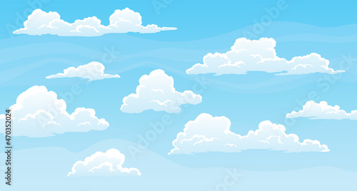Sky with fluffy clouds on sunny day. Cartoon summer time with blue cloudscape. Paradise heaven background