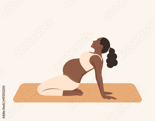 Young african american pregnant woman doing sport. Yoga for pregnant women. Vector illustration.