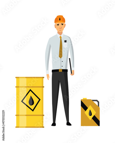 Oil petroleum industry. Engineer or oilman with canister and barrel. Man represents product on flat cartoon icon. Isolated vector illustration