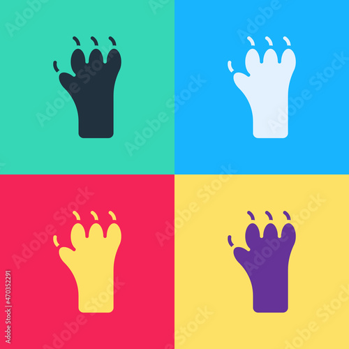 Pop art Paw print icon isolated on color background. Dog or cat paw print. Animal track. Vector