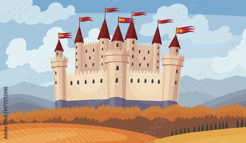 Medieval castle on a blue sky background. Cartoon middle ages historic period. Medieval architecture of stone castle