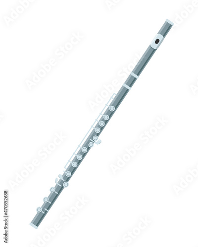 Flute icon isolated on white background. Large soprano flute. Wind classical orchestral musical instrument. Vector illustration in flat cartoon realism style.