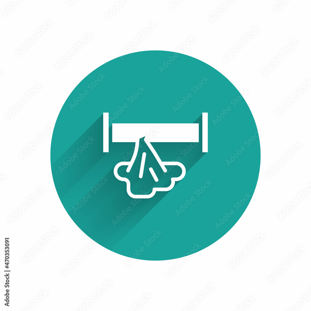 White Broken metal pipe with leaking water icon isolated with long shadow. Green circle button. Vector White Broken metal pipe with leaking water icon isolated with long shadow. Green circle button. Vector