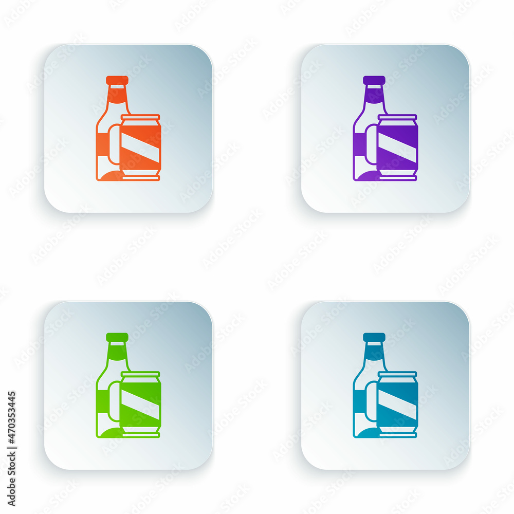 Color Beer bottle and beer can icon isolated on white background. Set colorful icons in square buttons. Vector Color Beer bottle and beer can icon isolated on white background. Set colorful icons in square buttons. Vector