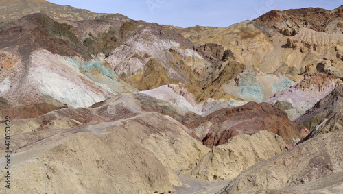 This image shows a panoramic of Artist's Palette vista point in Death valley National Park.