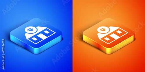 Isometric Front facade building jewelry store icon isolated on blue and orange background. Square button. Vector