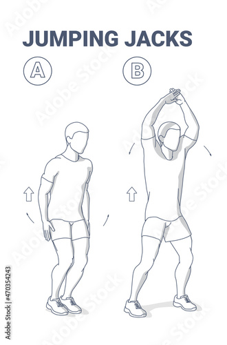 Jumping Jacks Exercise for Fitness Junkie Man. Star Jumps. Jacked Male Does the Side Straddle Hop.