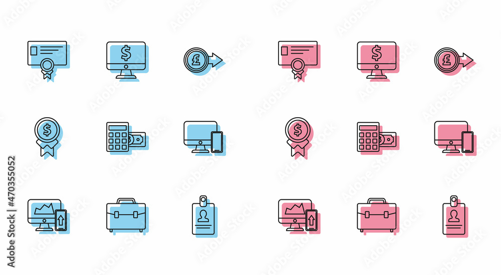 Set line Financial chart or graph on the computer monitor and mobile phone, Certificate template, Identification badge, Calculator with dollar symbol, Computer, Reward for good work and icon. Vector Set line Financial chart or graph on the computer monitor and mobile phone, Certificate template, Identification badge, Calculator with dollar symbol, Computer, Reward for good work and icon. Vector