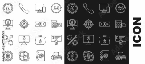 Set line Cryptocurrency coin Bitcoin, Certificate template, Calculator with dollar symbol, Computer monitor and mobile phone, Target, pound sterling, Coin money and Stacks paper cash icon. Vector