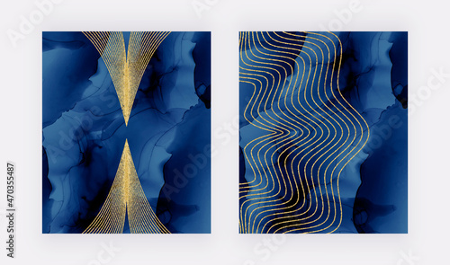 Blue watercolor alcohol ink wall art prints with golden geometric shapes
