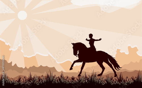 a hand-drawn realistic silhouette of a horsewoman isolated on a colored landscape background in the rays of the sun