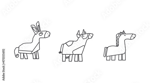  farm animals cow donkey horse simple outline drawing  vector illustration   