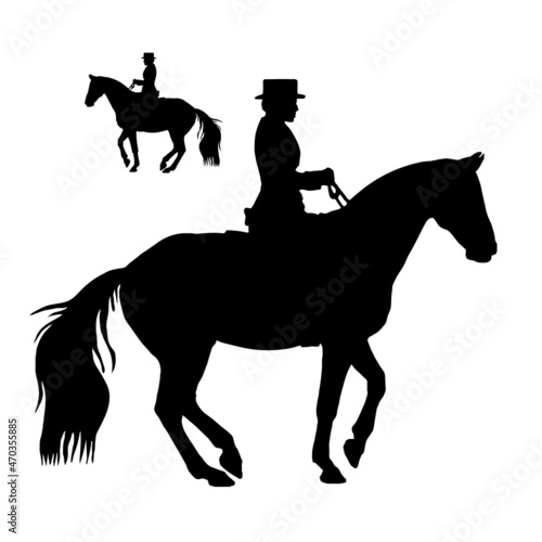 hand-drawn realistic silhouette of a horsewoman isolated on a white background