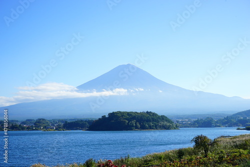 Autumn view of Mt. Fuji and Lake Kawaguchi in Yamanashi  Japan -                                         