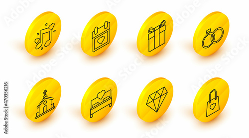 Set line Shopping bag with heart, Diamond, Bedroom, Church building, Wedding rings, Gift box, Calendar and Music note, tone hearts icon. Vector