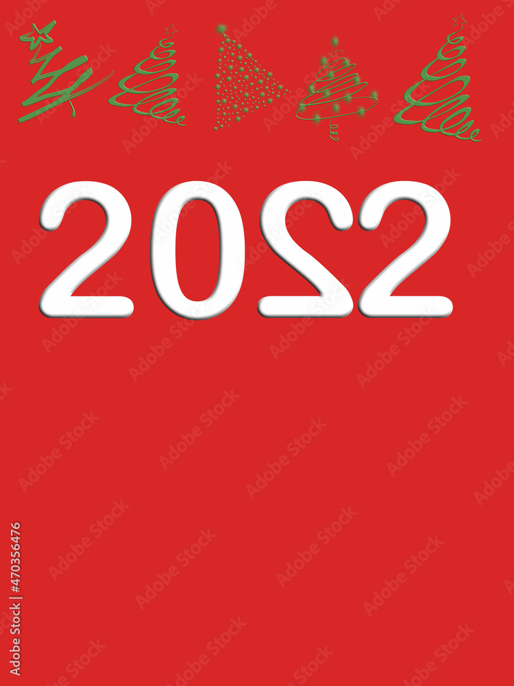 Naklejka premium Happy New Year 2022. White numbers and green Christmas trees on red background. Copy space. Heart symbol.