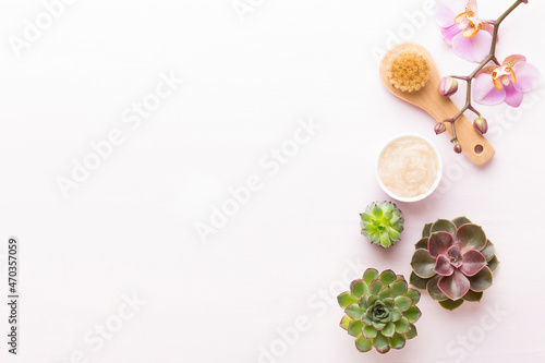 Spa background with handmade bio cosmetic and cactus composition, flat lay, space for a text - Image.