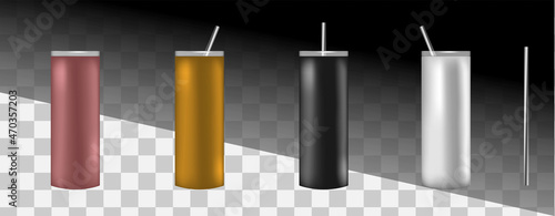 Set of 3d tumbler mockups. Thermo bottle template to place your design and use for preview for sublimation print. Reusable plastic cup for takeaway coffee