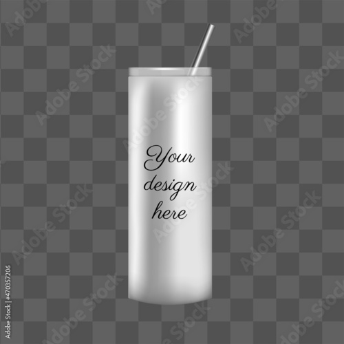 White 3d tumbler mockup template design. Silver takeaway coffee cup with steel straw. Isolated vector reusable mug