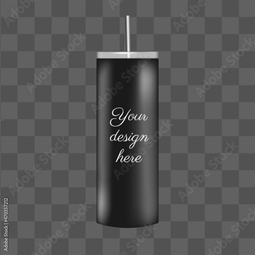 Black tumbler isolated for sublimation mockup template. 3d vector object isolated. Takeaway coffee cup with straw.