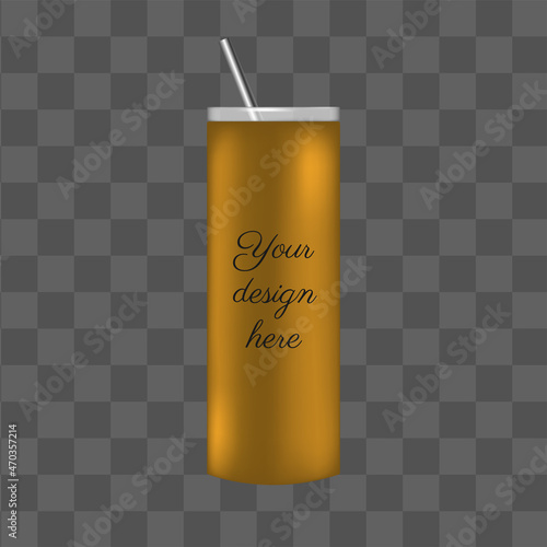Gold 3d tumbler mockup template design. Silver takeaway coffee cup with steel straw for sublimation design. Isolated vector reusable mug.