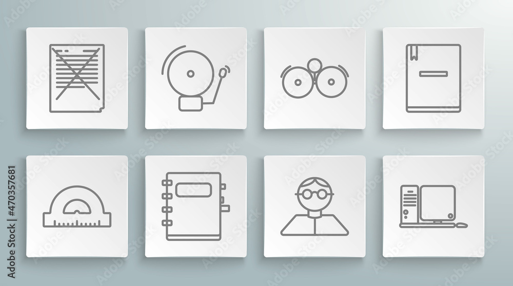 Set line Protractor grid for measuring degrees, Ringing alarm bell, Notebook, Student, Computer monitor with keyboard and mouse, and Exam paper incorrect answers survey icon. Vector Set line Protractor grid for measuring degrees, Ringing alarm bell, Notebook, Student, Computer monitor with keyboard and mouse, and Exam paper incorrect answers survey icon. Vector