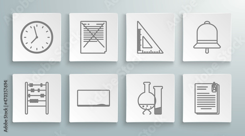 Set line Abacus, Exam paper with incorrect answers survey, Chalkboard, Test tube and flask chemical laboratory test, File document clip, Triangular ruler, Ringing bell and Clock icon. Vector