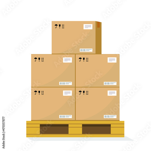 Boxes on wooded pallet illustration, flat style warehouse cardboard parcel boxes stack front view image Box on pallet in warehouse. Carton parcel for storage and cargo. Cardboard boxes in front 